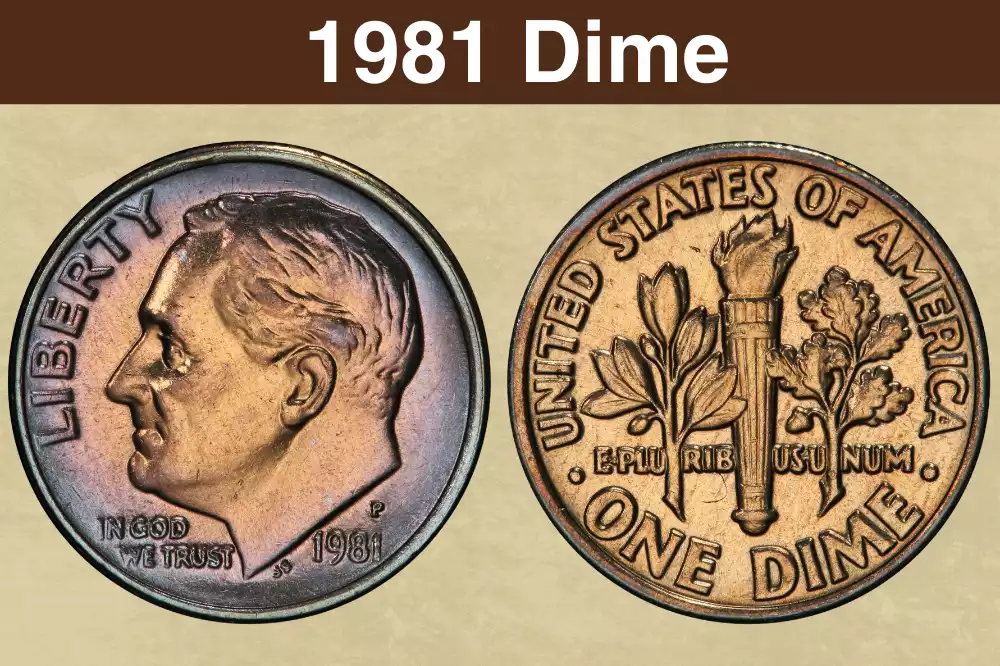 1981 Roosevelt dime obverse and reverse showing mint mark location above the date and Full Bands torch on reverse