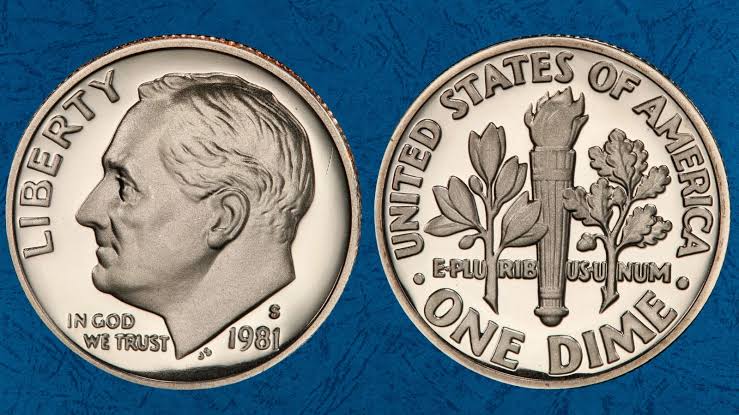 Side-by-side comparison of 1981 Roosevelt dime reverse torch — left shows no Full Bands (bridged bands), right shows Full Bands with clear separation gap