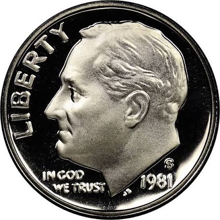 1981-S Type 1 vs Type 2 proof dime mint mark comparison — filled S on left vs clear open S on right under magnification