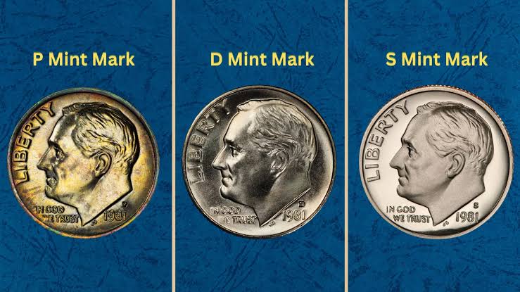 Group of 1981 Roosevelt dimes from Philadelphia, Denver, and San Francisco mints showing all three mint marks P, D, and S