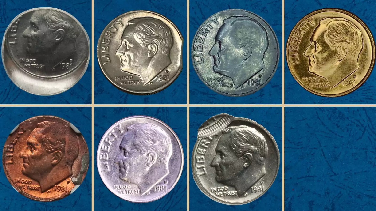 1981 Roosevelt dime grading strip showing four condition tiers from worn G-4 to gem uncirculated MS-65 in a horizontal comparison